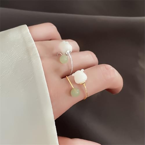 Lucky Layered Hetian Green Jade Flower Rings for Women Silver Gold Plated Lily of the Valley Flowers Twisted Stacking Statement Open Band Finger Ring Adjustable Comfirm Fit Vintage Wedding Jewelry2