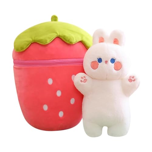 Image of Kidology Plush Toy Pillow, Reversible Bunny, Cute Rabbit Sofa Pillow, Easter Bunny Stuffed Animal Cute Rabbit Plushie Birthday Gift for Boys Girls and Kids (Medium, Strawberry Bunny - Zipper)