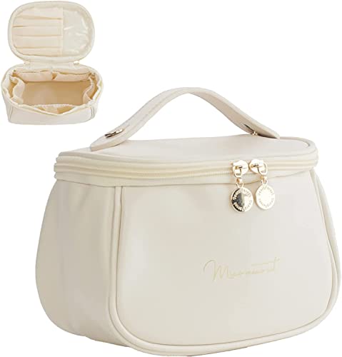 Image of ARLICORPING Makeup Storage Bag,Portable Cosmetic Bag,Pu Leather Multifunctional Vanity Bag for Makeup,Cosmetic Brush Case,Cosmetic Travel Bag for Women Organization Bag with Handle(Off White),11 cm