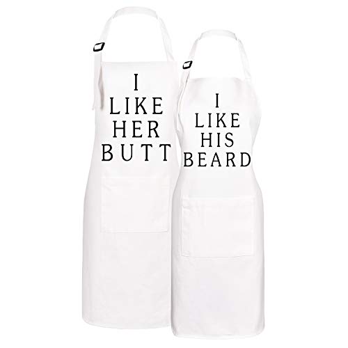 Claswcalor 2 Pack Funny Couple Cooking Aprons with Pockets, I Like His Beard