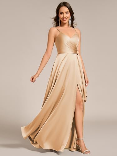 Image of Ever-Pretty Women's Sexy Spaghetti Straps Ruched V Neck Floor Length Satin Formal Dress with Slit 02317