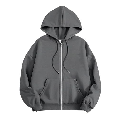 Teen Girl Hoodies Simple Oversized Cropped Girls Sweatshirts Fashion Zip Up Long Sleeve Clothes Jacket Coat Fall Winter Casual Teens Kids Outfits With Pocket 2-14 Years Dark Gray-1604