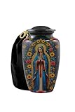 Virgin Mary Cremation Urn for Human Ashes, Adult Memorial Funeral Urn, Religious Catholic Design, Aluminum, 27cm Height, 200cc Capacity (Black & Red Flower, Large, Religious)