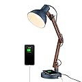 ELYONA Sapele Wood Desk Lamp with Upgraded Wireless Charger, Swing Arm Table Lamp with USB C Charging Port, Reading Task Light for Bedroom, Dorm, Office, Living Room, LED Bulb Include, Modern Blue