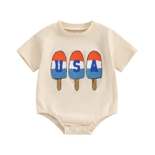 Image of FIOMVA Baby Girl Boy 4th Of July Outfit Embroidery USA Shirt Onesie Fourth of July Bubble Romper Memorial Day Clothes