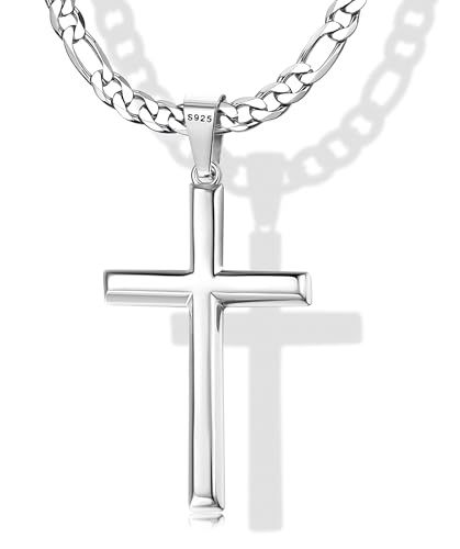 KRFY 925 Collar Colgante Cruz de Plata Esterlina para Hombre Mujer con 5 mm Collar Duradero de Acero Inoxidable con Corte de Diamante Figaro o Cadena18K Colgante Cruzado Chapado en Oro Blanco Collar