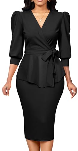 Yiershu Black Dress for Women Peplum Bodycon Dresses Elegant Sexy v Neck 3/4 Sleeve Formal Dress for Women Business Wear to Work