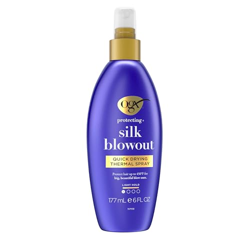 Image of OGX Protecting + Silk Blowout Quick Drying Thermal Protection Spray, Heat Protectant Spray Shields Hair up to 450F For Soft, Shiny Hair and Big, Beautiful Blowouts, Light Hold, 6 fl. oz