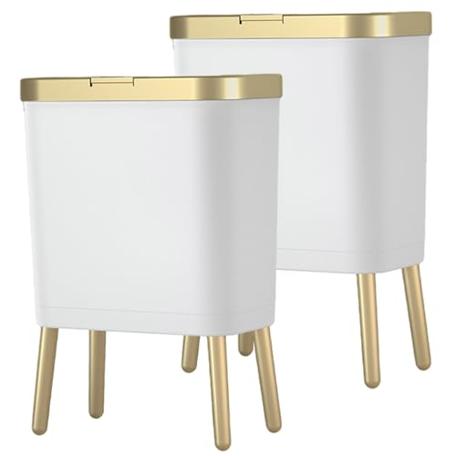 Cubo de basura estrecho Jorzer blanco y dorado: papelera de baño con tapa a presión