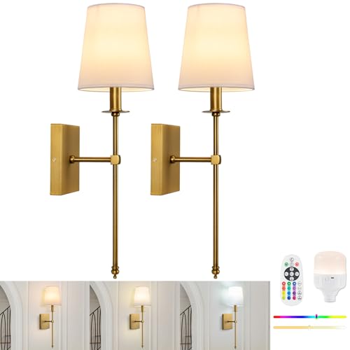 Image of Rechargeable Battery Operated Wall Sconces Set of 2 with Remote Control,No Wiring 15 Colors Dimmable Wall Light with White Fabric Shade,Cordless Wall Lamps for Bedroom Living Room Hallway