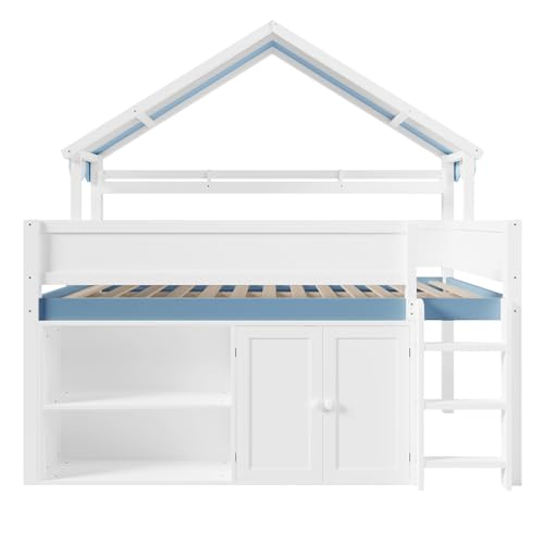 Image of Full Size House Loft Bed with Canopy Roof and Storage, Perfect for Kids' Bedroom, Sleepovers & Organized Living (White+Blue)