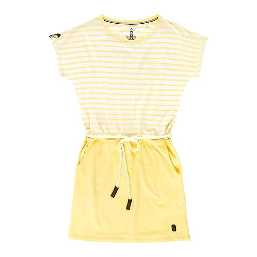 Leitfeuer Damen Kleid Streifen-Uni-Mix mit Kordel in der Taille - Sommerkleid mit Taschen in Pastellgelb-Weiß Größe XL
