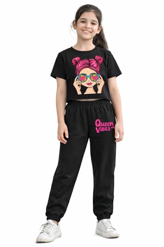 Image of Trampoline Girls Printed Co-Ord Set | Half Sleeve T-Shirt & Jogger Trackpant Set | Casual Wear Lounge Wear Outfit for Girls