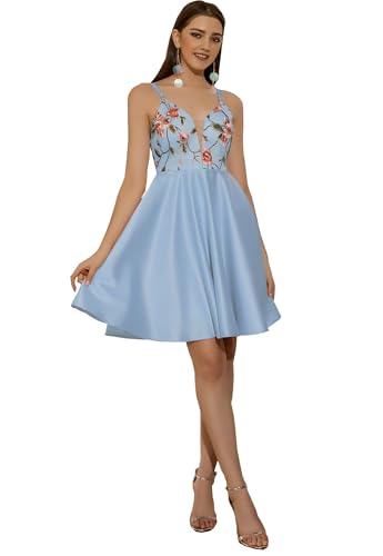 Robe trapèze brodée florale bleue élégante en satin pour femme chic