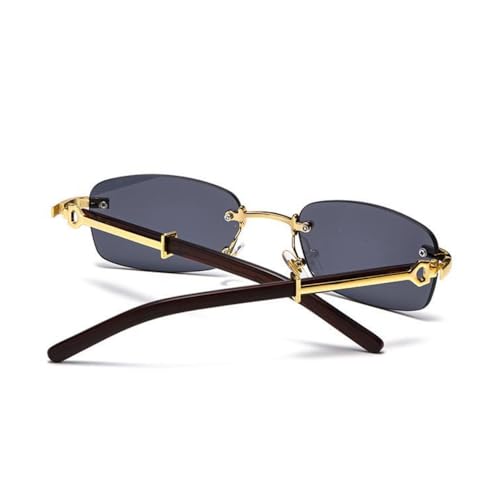 Black Gradient Tint Vintage Woodgrain Rimless Men Women Gold Frame Rectangle Sun Glasses Vintage Woodgrain Square Shades 90s Retro Unisex Hip Hop Frameless Stylish Designer Wood Arm Sunglasses4