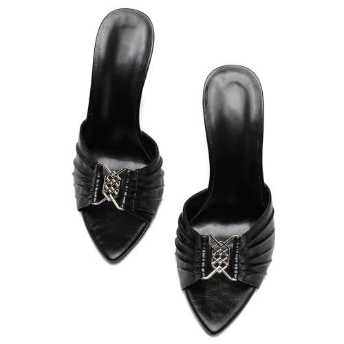 VOMIYALL Black Ruched Mules Heels for Women Comfortable Pointed Peep Open Toe Slip on 4 Inch Stiletto High Heels Sandals Sexy Dressy Mules Sandals.