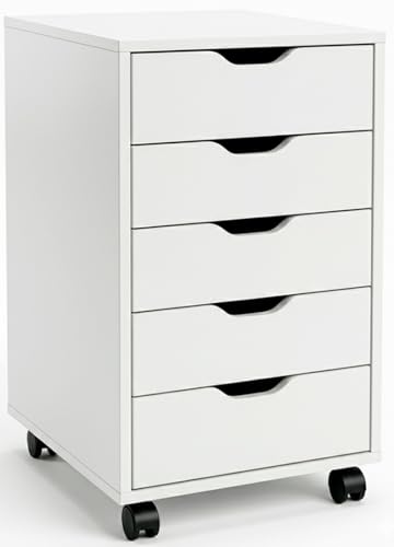 Marctani Cajonera Escritorio Blanca con 5 Cajones y Ruedas, Mueble Archivador Oficina de Madera para debajo de Mesa, Cajonera Pequeña y Estrecha (Fondo 30cm), Mueble Impresora con Ruedas