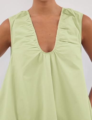 Image of Women Summer Sleeveless Babydoll Mini Dress Scoop Neck Loose Fit Tank Dresses Party Ruched Short Dress with Pockets