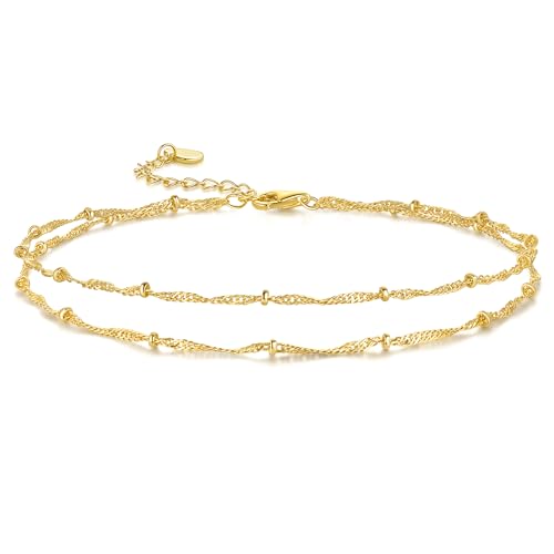 14K Gold Anklets for Women 14K Gold Ankle Bracelets for Women Beaded Anklet for Womens Double-Layer Singapore Chain Design with Beads Layered Ankle Bracelets for Womens Beaded Anklet 9.4+1.6in