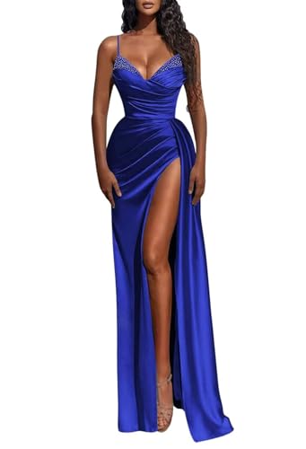 Sparkly Mermaid Satin Prom Dresses Rhinestone Formal Dresses Spaghetti Straps Evening Gowns with High Slit