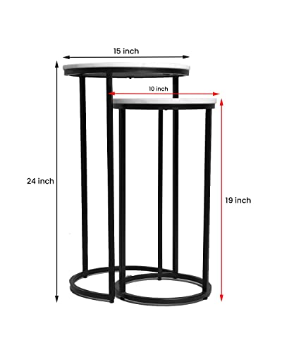 Image of Modern Nesting Side Tables with White Marble Top & Black Metal Frame Stylish & Space-Saving Accent Tables for Living Room Bedroom or Office Set of 2 (Black & White)