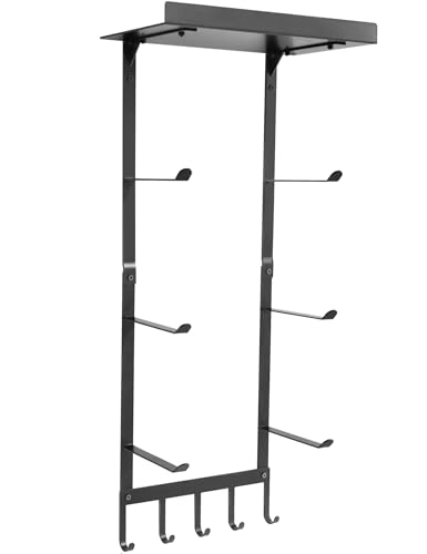 Image of Yoga Mat Holder Wall Mount, Home Gym Storage Rack with Top Floating Shelf, 4-Tiers Holding Yoga Mat / Blocks / Rollers and Decorations, 5 Hooks for Resistance Bands, Skipping-Rope, Small Gym Equipment