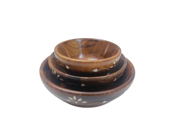 neoteaWooden Handmade Multipurpose Serving Bowl for Kitchen (Brown) -Set of 3