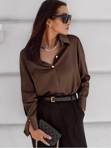 Esabel.C Satin Silk Button Down Shirts for Women Casual Silky Long Sleeve Work Tunic Top3