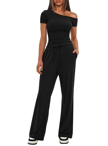 Darong Women's 2 Piece Outfits Lounge Sets Off Shoulder Short Sleeve Tops and High Waisted Wide Leg Pants Tracksuit Sets4