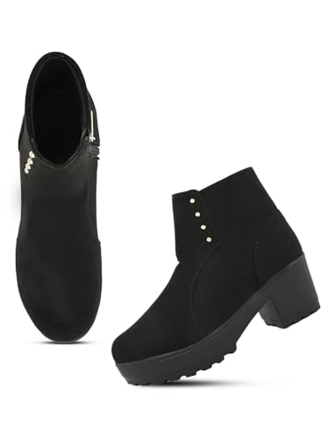 Image of XE Looks 100% Vegan Leather Women's Black Suede Ankle Boots for Women | Chunky Heel with Decorative Studs | Comfortable & Stylish Winter Boots For Girls & Women