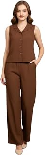 THE PLAIN THEORY Brown Sleeveless Shirt and Palazzo Co-ord Set – Solid Polyester V-Neck Casual Wear for Women, Stylish & C... Price In India