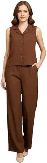 THE PLAIN THEORY Brown Sleeveless Shirt and Palazzo Co-ord Set – Solid Polyester V-Neck Casual Wear for Women, Stylish &amp; C...