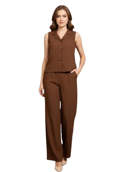 THE PLAIN THEORY Brown Sleeveless Shirt and Palazzo Co-ord Set – Solid Polyester V-Neck Casual Wear for Women, Stylish & C... - Review, Price and Buying Guide