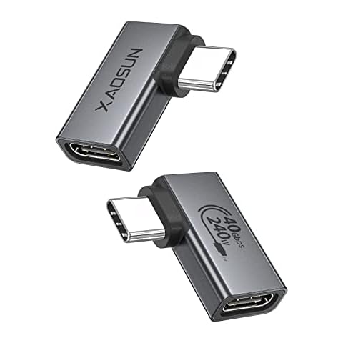 XAOSUN USB C to USB C Right Angle Adapter, 240W USB4 90 Degree Female to Male Adapter[2 Pack] Type C Extender 40Gbps Data Transfer 240W Fast Charging 8K@60Hz USB 3.1 for MacBook,Switch,Laptop,PC more Cover