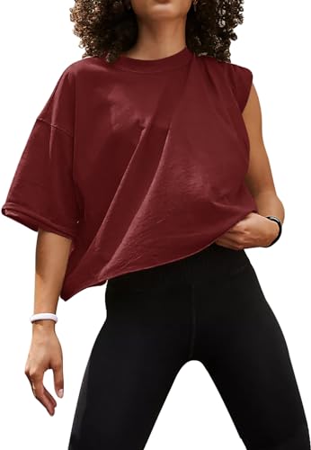 UEU Women's Comfy Basic Workout Gym Short Sleeve Crop Tops Casual Loose Oversized T-Shirts