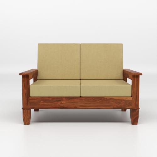 Image of Solid Sheesham Wood 2 Seater Sofa for Living Room | Premium Wooden Loveseat with Side Magazine Rack | Cushioned Fabric Seat | Modern Solid Wood Sofa for Home & Office