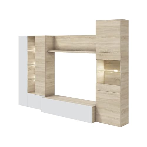 Habitdesign Salón Compacto 260, Mueble televisión, Modelo Essential, Acabado Roble Canadian y Blanco Brillo, Medidas: 185 cm (Alto) x 260 cm (Ancho) x 42 cm (Fondo)