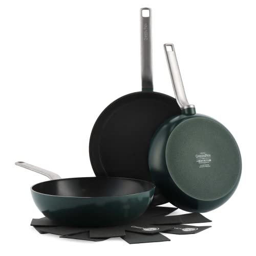 GreenPan Evolution Bratpfannen- und Wok-Set, 3-teilig, Hartanodisierte hochwertige gesunde keramische Antihaftbeschichtung, PFAS-frei, induktionsgeeignet, spülmaschinenfest, backofenfest, Tannengrün