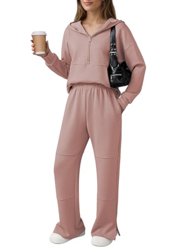 Workout Sets for Women Two Piece Airport Outfits Winter Long Sleeve Tracksuit Wide Leg Loungewear Fall Sweatsuit Going Out Sweat Suits for Womens 2 Piece Zip Up Dirty Pink M