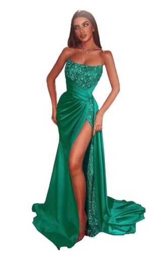 Glitter Mermaid Sequin Prom Dresses with Slit 2022 Long Satin Strapless Stretch Formal Evening Party Gowns for Women 612