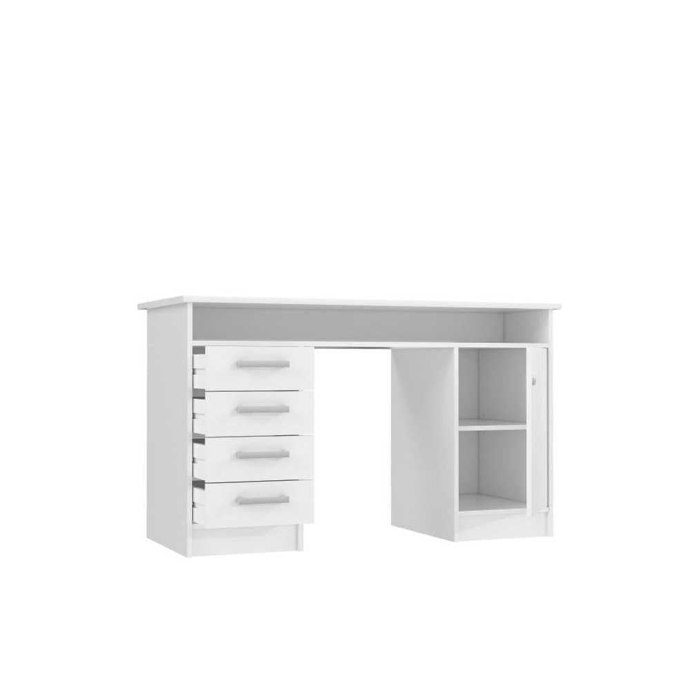 Forte NET106 Weißer Schreibtisch 120 130, Funktionaler Schreibtisch mit 4 Schubladen und 1 Tür, Home Office, Büro, Computertisch, Holzwerkstoff, Weiß, 126 cm breit x 75,8 cm hoch x 55 cm tief