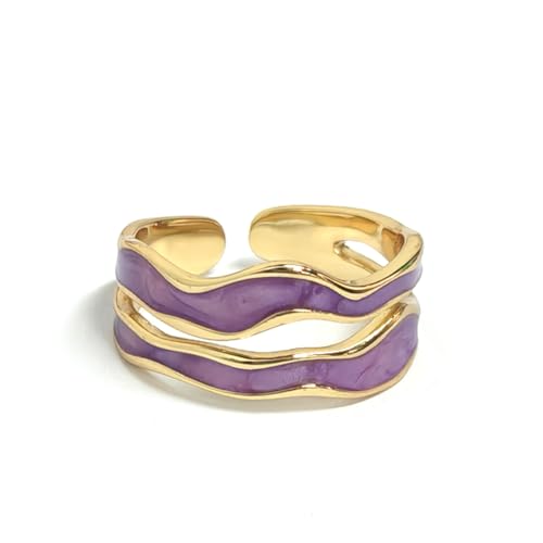 Gold-Plated Copper Ring for Women & Men, Double Layer Purple Wave Enamel Ring - Adjustable Open Band with Artistic Design, Statement Fashion Jewelry with RTT Gift Jewelry Box