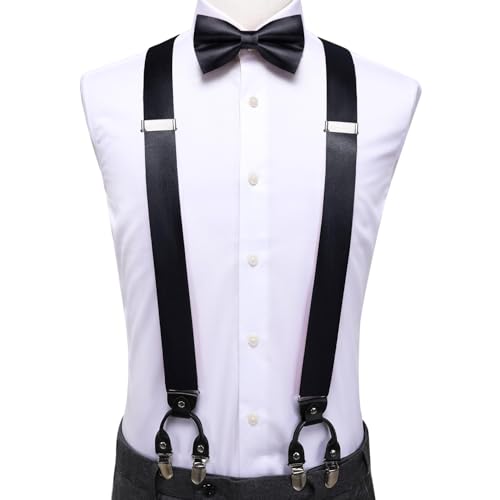 Image of Hi-Tie Men Suspender Bowtie Set Suspenders Pre-tied Bow Tie Pocket Square Cufflinks Adjustable Y Shape 6 Clips Braces Tuxedo