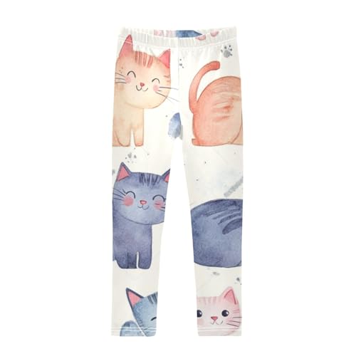 Watercolor Lovely Cats Background Printed Girls Elastic Leggings Casual Yoga Pants for Kids