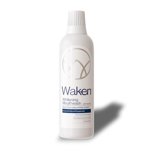 Waken Whitening Mouthwash, with Added Fluoride, Prevents Enamel Stains, Helps Protect Against Cavities and Reduce Plaque, Alcohol-Free, Vegan, Recycled Packaging, Natural Peppermint Flavour, 500ml