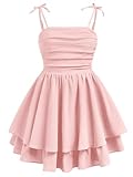 SHENHE Girl's Smocked Ruched A Line Swing Dress Layered Tie Shoulder Flowy Cami Short Dress Pink 10Y