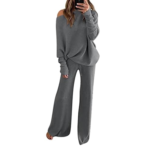 Linsery Women's Knitted Two Piece Sets Sexy Off Shoulder Long Batwing Sleeve Pullovers Tops And Drawstring Wide Leg Pants Gray X-Large Cover