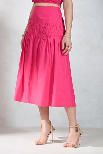 VIRGIO 100% Cotton Pink Midi Gathered Skirt3