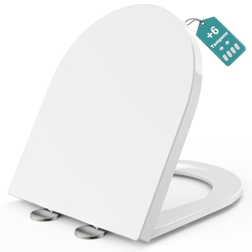 MEEJEE WC Sitz Lange D Form 460x365 mm Toilettendeckel mit Absenkautomatik D Form Weiß WC Deckel Klositz Duroplast Toilettensitze Soft Close Toilettenbrille Leise Schließend Stabile Klobrille