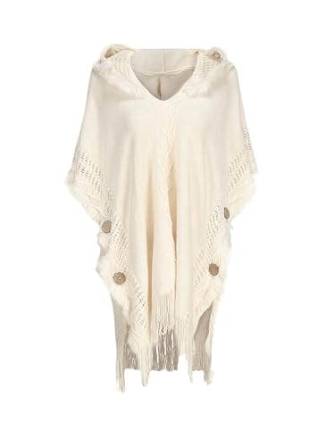 GORGLITTER Women's Fall Fringe Shawl Wrap Warm Poncho Cape Hooded Sweater Boho Dolman Sleeve Button Oversized Sweaters